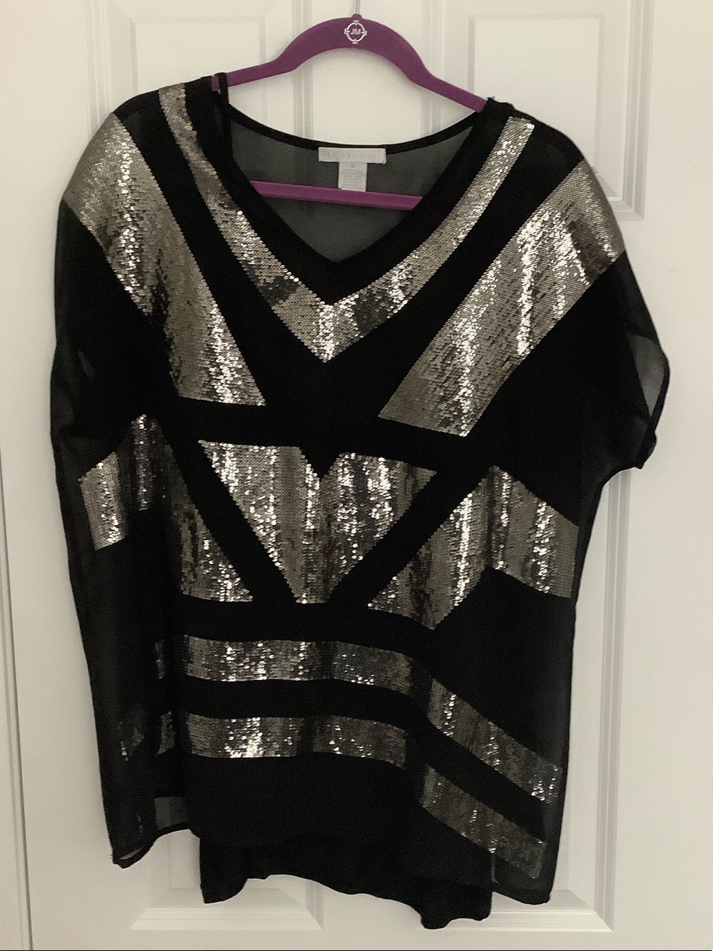 Black Short Sleeve Top with Silver Sequin Geometric Panels